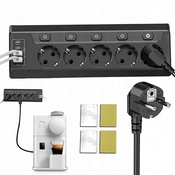 Prodlužovací Kabel Zásuvková Lišta Nabíječka 4x Usb 5 Zásuvek 2 m Usb Typ-c Černá