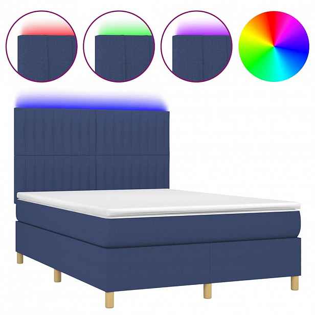 vidaXL Box spring postel s matrací a LED modrá 140x190 cm textil