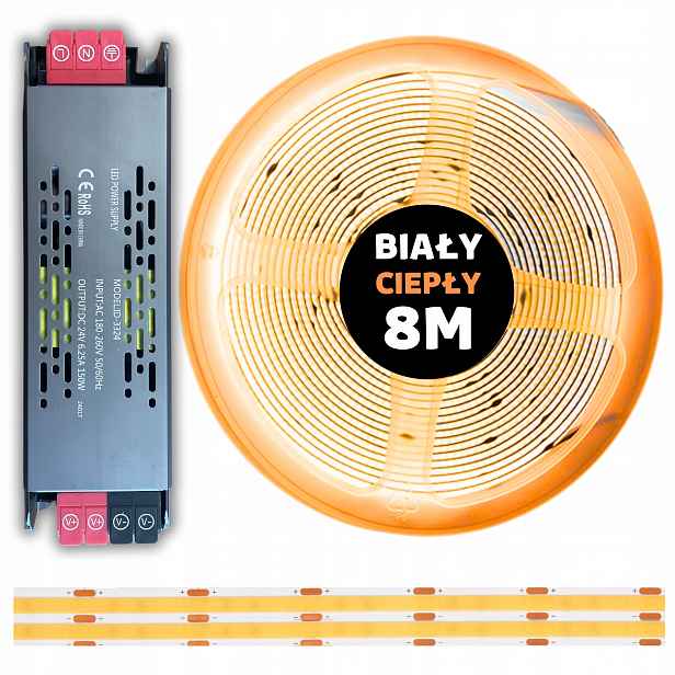 Set 8M Led pásek Cob 480 diod 3000K bílý teplý 24V 10W s napájecím zdrojem