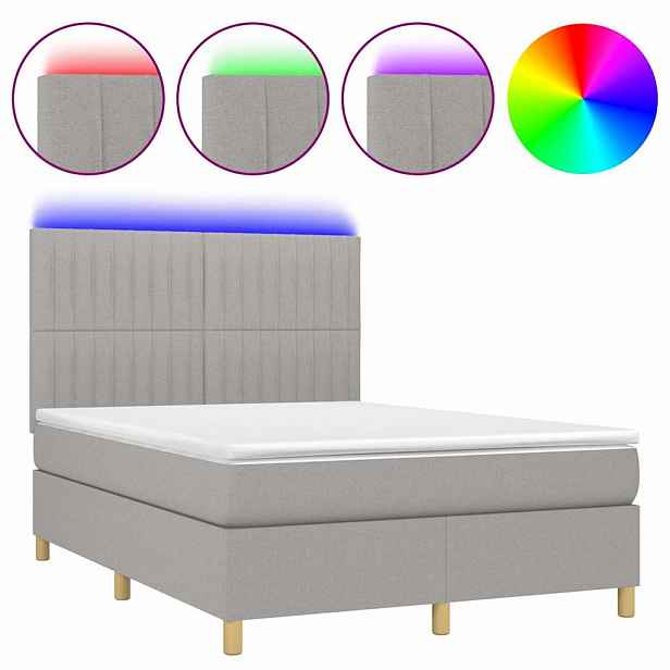 vidaXL Box spring postel s matrací a LED světle šedá 140x200 cm textil