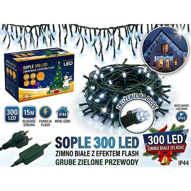 Rampouchy 300 Led Venkovní 15 m Studené Bílé Flash Silné Kabely