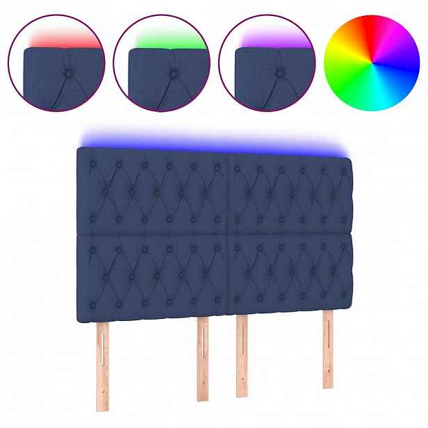 vidaXL Čelo postele s LED modrá 160x7x118/128 cm textil