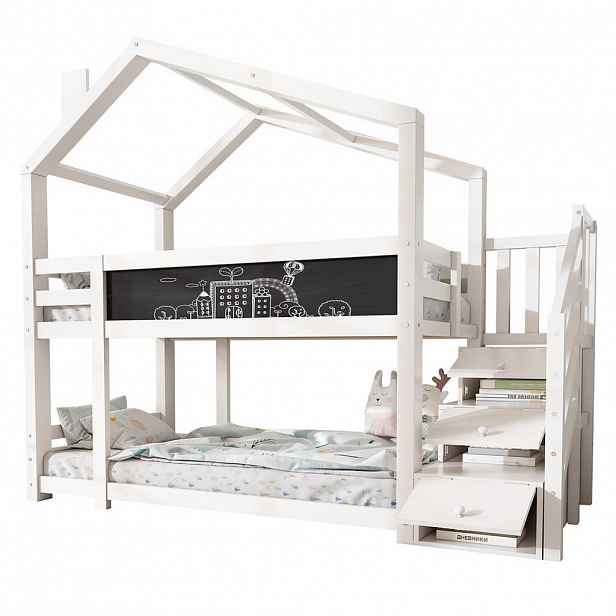 FLIEKS PATROVÁ POSTEL 90x200cm Domeček Komín Tabule Bílá