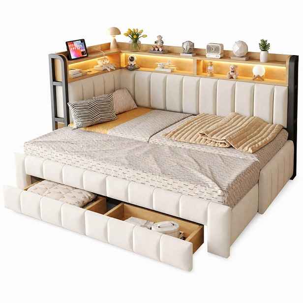 CHICFURN ROZKLÁDACÍ POHOVKA 90/200 cm & 180/200 cm v béžové barvě s LED a úložným prostorem