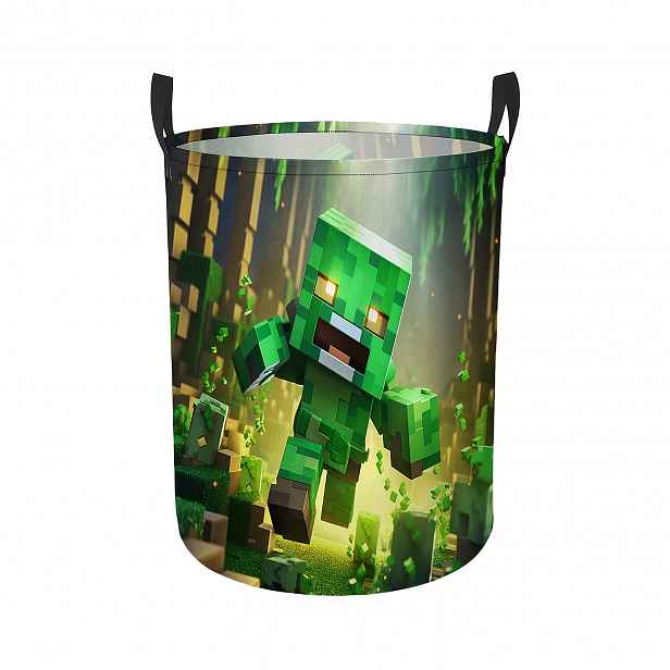 TEMU 1ks Koš na prádlo a úložný koš s potiskem Creeper z blokové hry - Skládací, vhodný do pokoje, koleje, tematická dekorace s Creeperem, skládací