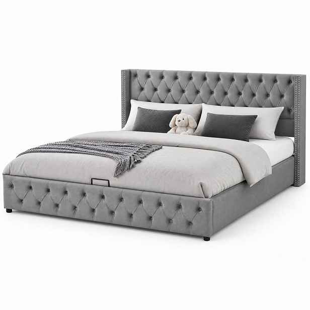 CHICFURN ČALOUNĚNÁ POSTEL 140/190 cm v šedé barvě ze sametu s úložným prostorem