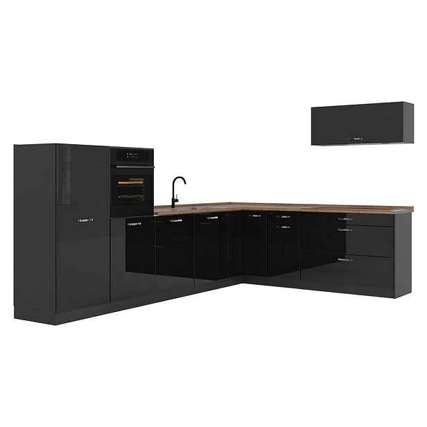 Vicco ROHOVÁ KUCHYŇ R-Line, Černý vysoký lesk/Antracit, 327 x cm pracovná doska Dub Goldkraft