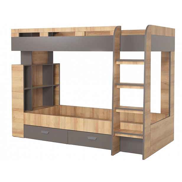 Dvoupatrová postel se zásuvkami Nano 90x200 cm, dub/grafit