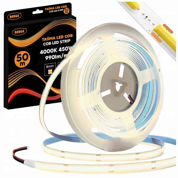 Led pásek Cob Neon 12V 50 m Velký válec 480 diod 9W 990lm 4000K Neutrální 8mm