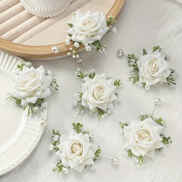 TEMU 6 ks Elegantní sada korsáží s růžemi a bílým gypsophilou pro nevěstu a ženicha, svatební dekorace, večerní oslavy a výročí