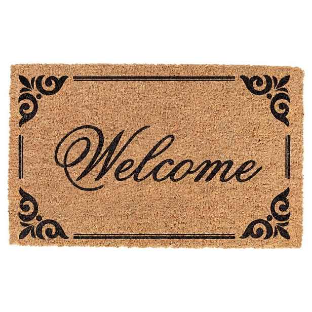 Hnědá kokosová rohožka s ornamenty Welcome - 75*45*1 cm Clayre & Eef