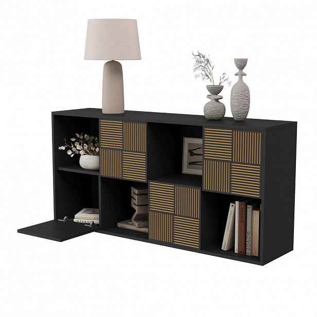 KNIHOVNA 125x30x60 cm, dřevěný laťkový design, úložný prostor v příborníku, černá