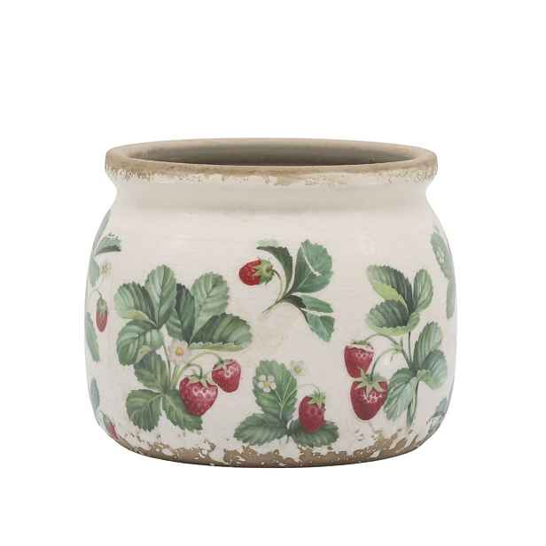 Krémový antik keramický obal na květináč s jahůdkami Fraises - Ø 12*9 cm Chic Antique