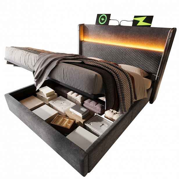Redom ČALOUNĚNÁ postel 160/200 cm s LED osvětlením, USB a USB-C portem, hydraulickým úložným prostorem, Šedá
