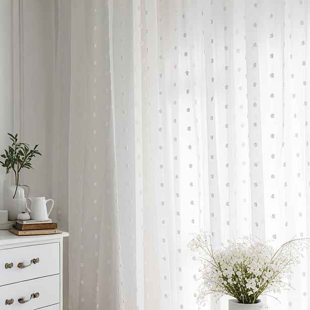 TEMU 1ks Elegantní Bílá Polka Dot Průsvitná Závěs s Pom-Pom Výšivkou - Měkký, Světlo Procházející Polyester, Snadná Instalace, Moderní Minimalistický