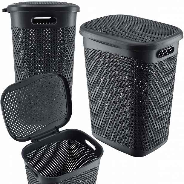 Koš Na Prádlo S Víkem, Plastový, Velký, 55 L, Šedý