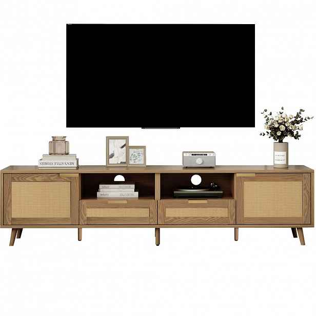 Modfu TV stolek z dřevotřísky 200x37x49 cm dub se 2 zásuvkami, 2 dvířky a ratanovým designem