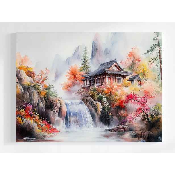Plakát Krajina Orient Asie Japonsko Hory Vodopád Dům 100x75