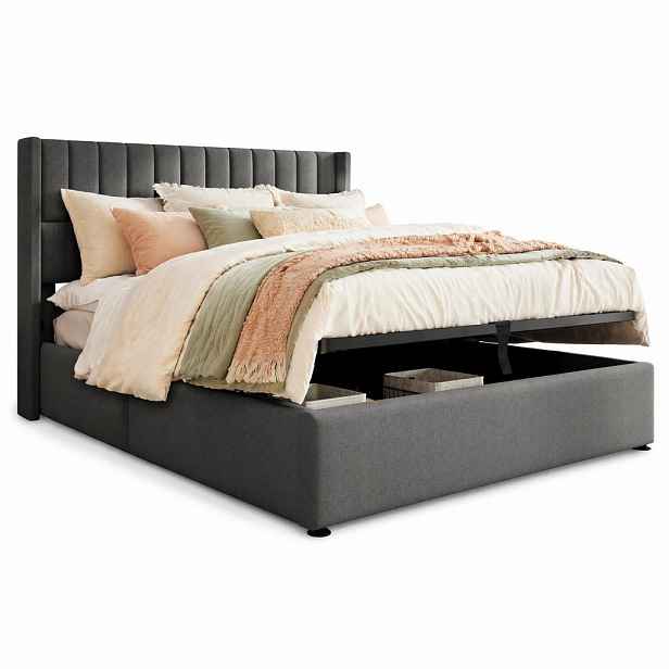 CHICFURN ČALOUNĚNÁ POSTEL 160/200 cm v šedé barvě s úložným prostorem a lněnou látkou