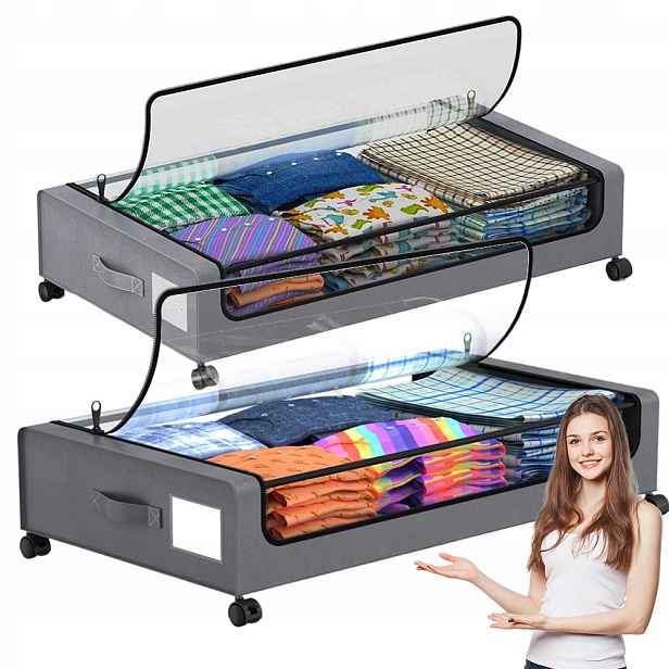 Úložný box 80 cm s kolečky, šedý, na oblečení a povlečení