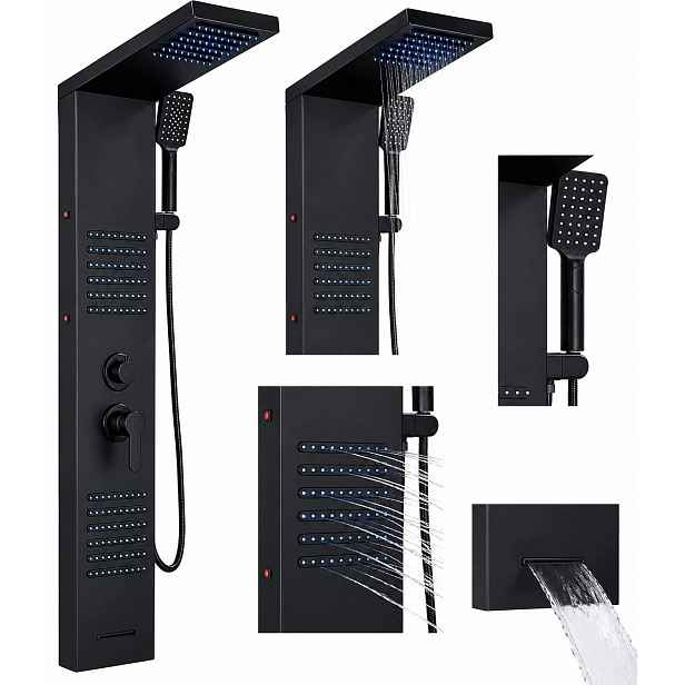 Led Sprchový Panel Sprchový vodopád Hydromasáž Dešťová sprcha Černá Mat