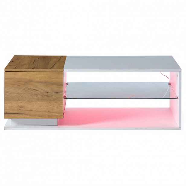 Redom KONFERENČNÍ stolek 105/50/36 cm s LED osvětlením, úložným prostorem a vysokým leskem, Bílá a dubová