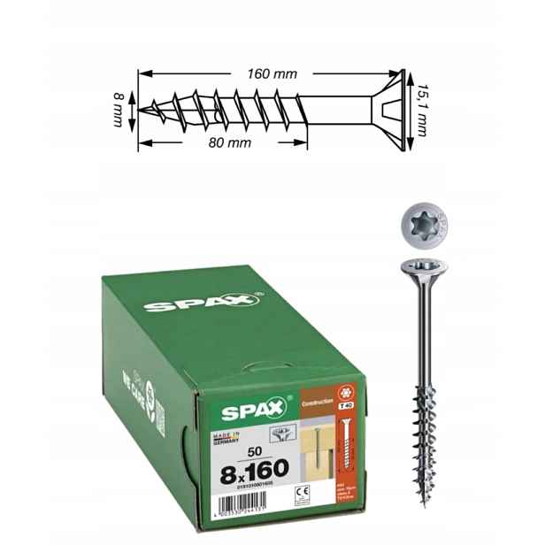 Univerzální vruty Wirox pro dřevěné konstrukce Spax 8 x 160 mm 50 ks
