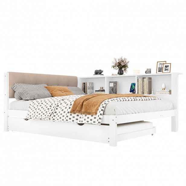 CHICFURN VÝSUVNÁ POSTEL 140/200 cm & 90/190 cm v bílé barvě s LED, USB a policemi