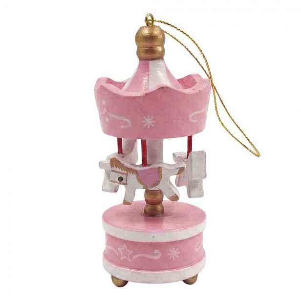 Set 6ks růžová vánoční dřevěná ozdoba kolotoč s koníky - 6*1*18 cm Clayre & Eef
