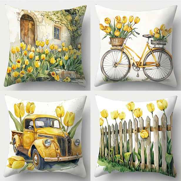 TEMU 4 ks, Žlutá , design jízdního a vintage auta, polyesterová povlak na polštář, uzavírání na zip, lze prát v pračce, vhodné pro obývací pokoj,