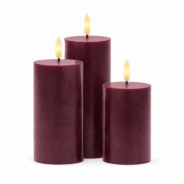 LED svíčky z pravého vosku dobíjecí Bordeaux, sada 3 ks, výška 10/12,5/15cm, ø 7,5 cm, vínová, bez stanice