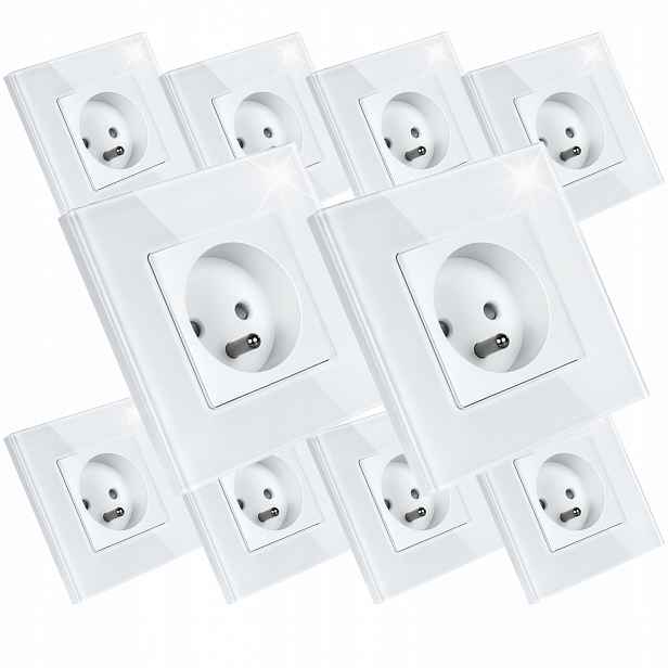 10 x Skleněná Jednotlivá Elektrická Zásuvka Kontakt S Uzemněním Bílá