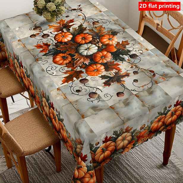 TEMU 2D Plochý Tisk, 1 ks Vintage Dýňový Ubrus, Odolný Polyesterový Ubrus s Dýněmi a , Strojově Vyrobený, Obdélníkový Design, Vhodný pro