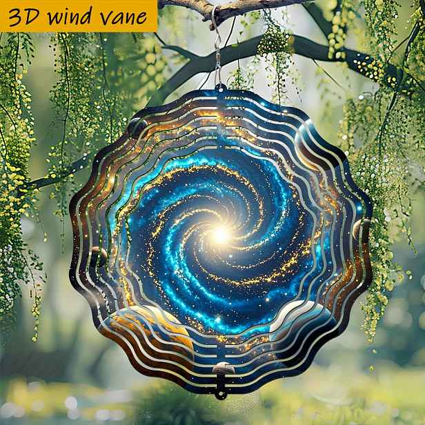 TEMU 1 ks 3D Galaktická Rotující Větrná Korouhvička - 360° Otáčející se Hvězdná Noční Obloha s Hákem na Zavěšení, 10" Kulatý Kovový Dekor pro