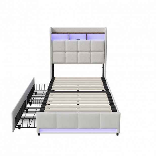 EuroLiving ČALOUNĚNÁ postel 90x200 cm béžová s LED osvětlením, 2 zásuvky, čelo postele s policí a úložným prostorem