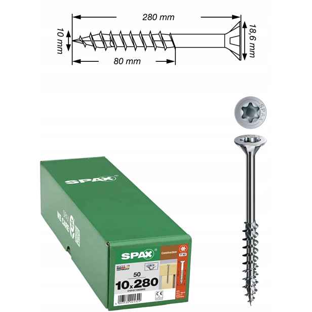 Univerzální vruty Wirox do dřeva, konstrukce Spax 10 x 280 mm 50 ks