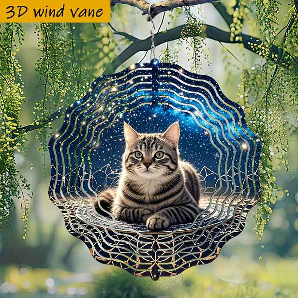 TEMU 3D 1ks "Kočka sedí pod hvězdnou oblohou" "25,5 cm/10 palců * 25,5 cm/10 palců s otočným hákem, 360° kreativní větrný spinner" oboustranná kulatá