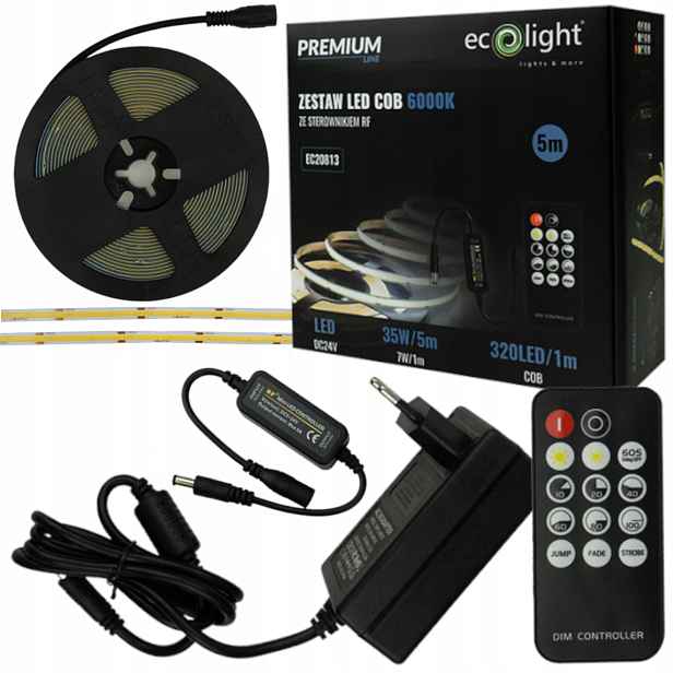 Led pásek Cob 35W 5m Jednotný pásek 320LED Ovládání dálkovým ovladačem Set 6000K