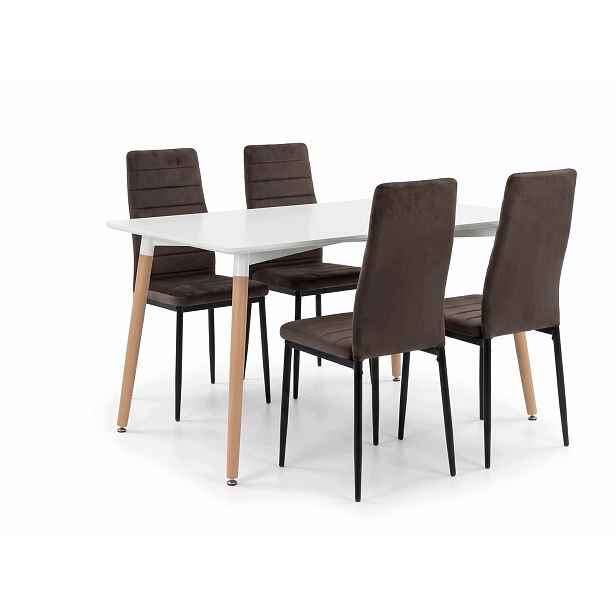 Jídelní stůl 120x80 cm bílý s bukovými nohami 4 hnědé sametové židle Axell