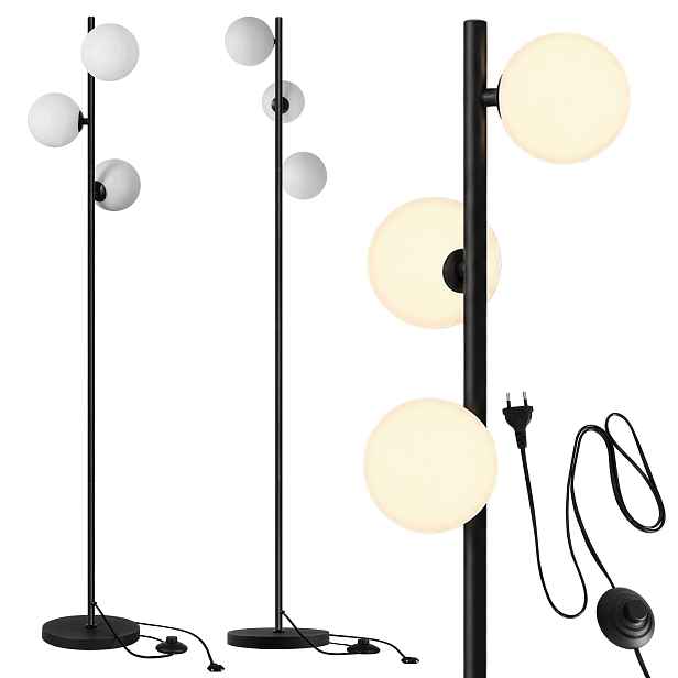 Stojací Led lampa 150 cm pro čtení 3x G9, černé skleněné koule