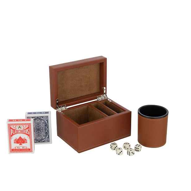 Hnědý box z umělé kůže s kartami a kostkami Cognacco - 17*12*10 cm J-Line by Jolipa