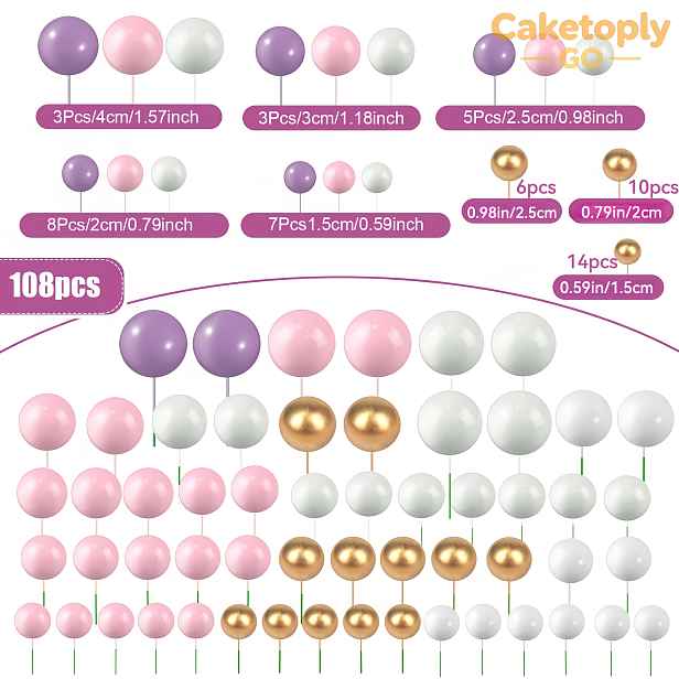 TEMU Caketoply GO 108ks růžové, fialové, bílé a zlaté ozdoby na dortové koule k promoci – Pěnové balónkové DIY vložky do košíčků, ideální pro výročí