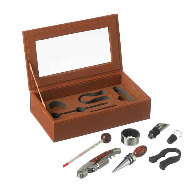 Hnědý box z umělé kůže s doplňky na víno Cognacco - 23*13*6 cm J-Line by Jolipa