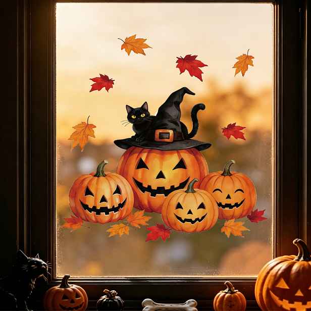 TEMU 1 ks Halloweenská dýňová samolepka na okno s javorovým , dýňový čarodějnický klobouk a prvky černé kočky, skleněná dekorace, statická samolepka
