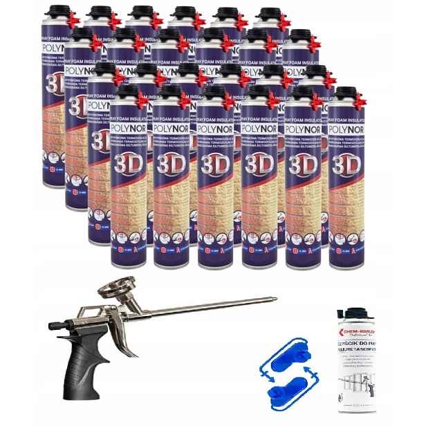 Pur Stříkací Izolace Polynor 3D Sada 24 x 850 ml Pistole Čistič