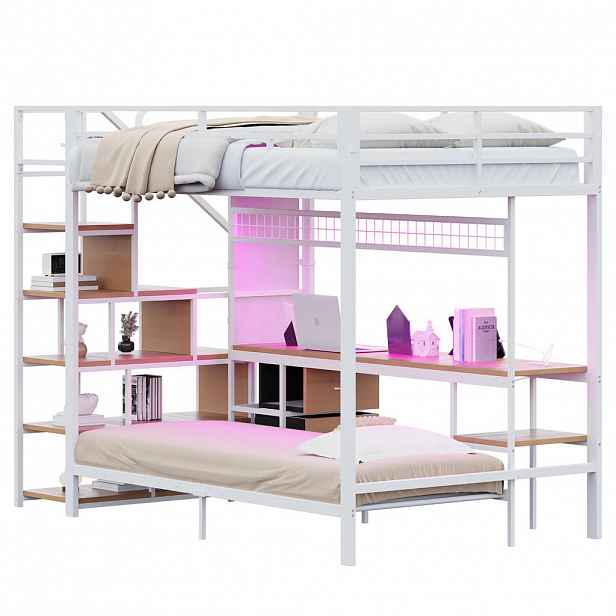CHICFURN PATROVÁ POSTEL 140/200 cm & 90/200 cm v bílé barvě s psacím stolem, LED a zásuvkami