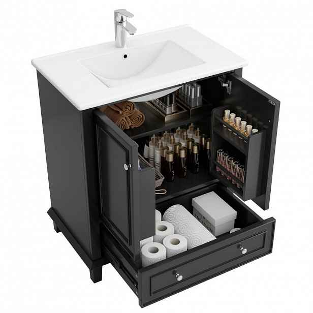 OKWISH KOUPELNOVÁ skříňka 73/45/87 cm černá z MDF a keramiky s integrovaným umyvadlem a úložným prostorem