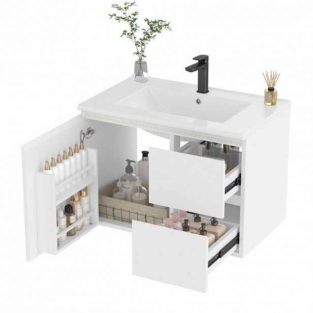 OKWISH NÁSTĚNNÁ koupelnová skříňka 76/46/50 cm bílá z MDF a keramiky s LED radarovým senzorem