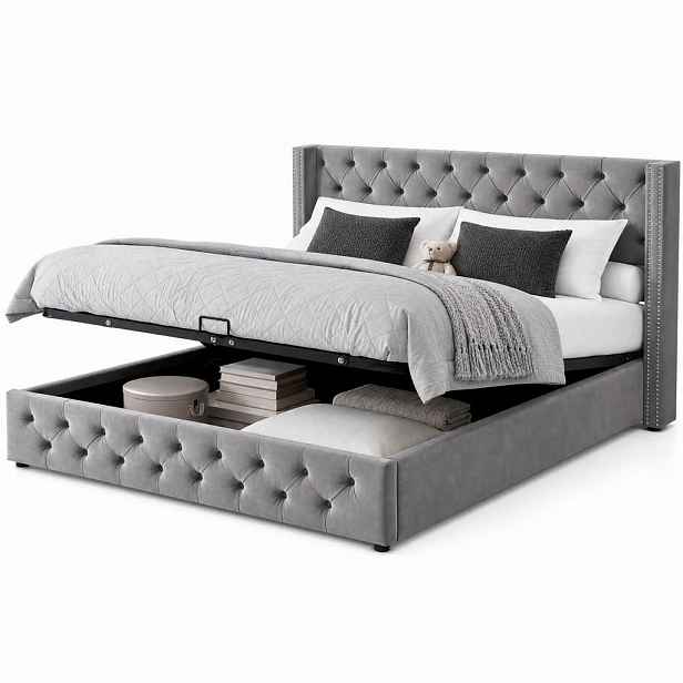 CHICFURN ČALOUNĚNÁ POSTEL 160/200 cm v šedé barvě se sametovým čalouněním a úložným prostorem