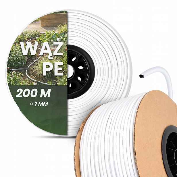 Hadice Pe 7 mm 200 m Trubka pro zavlažování zavlažovacích zavlažovačů Bílá Z0-T
